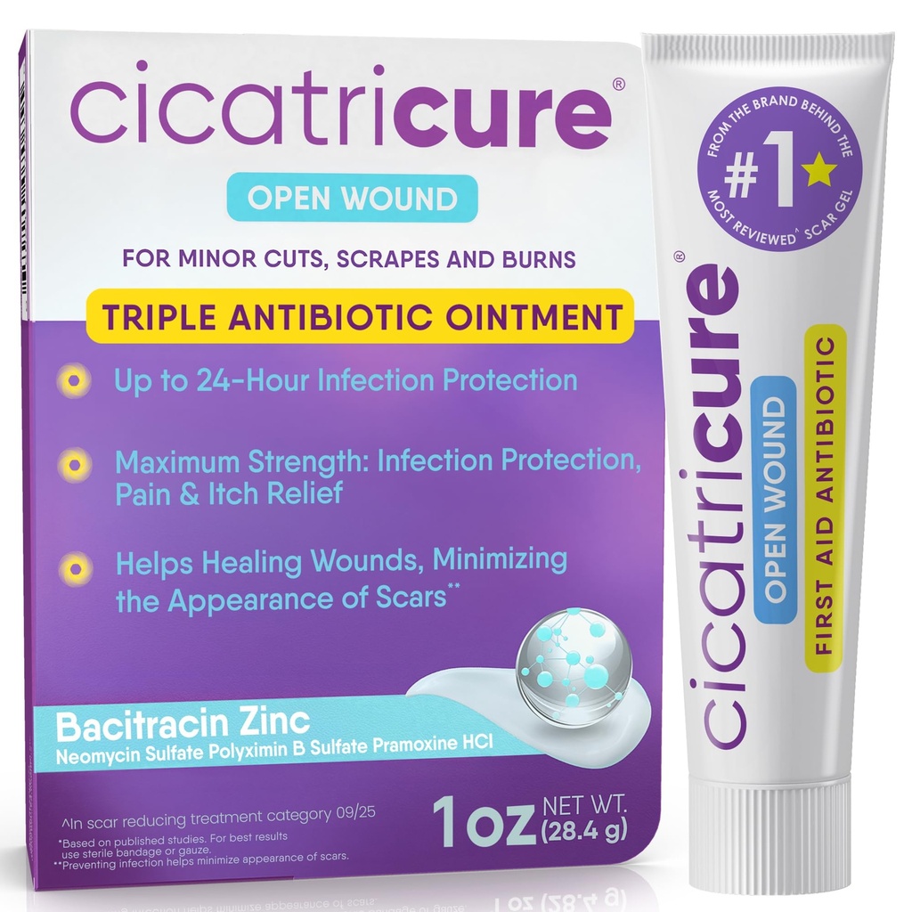 Cicatricure Triple Antibiyotik Ointment with Pain Relief, Bacitracin Antibiyotik Ointment & Cream for Desert Care, healing Ointment for Cuts, Burns, Insect Bites, First Aid Materials Essential, 1 oz