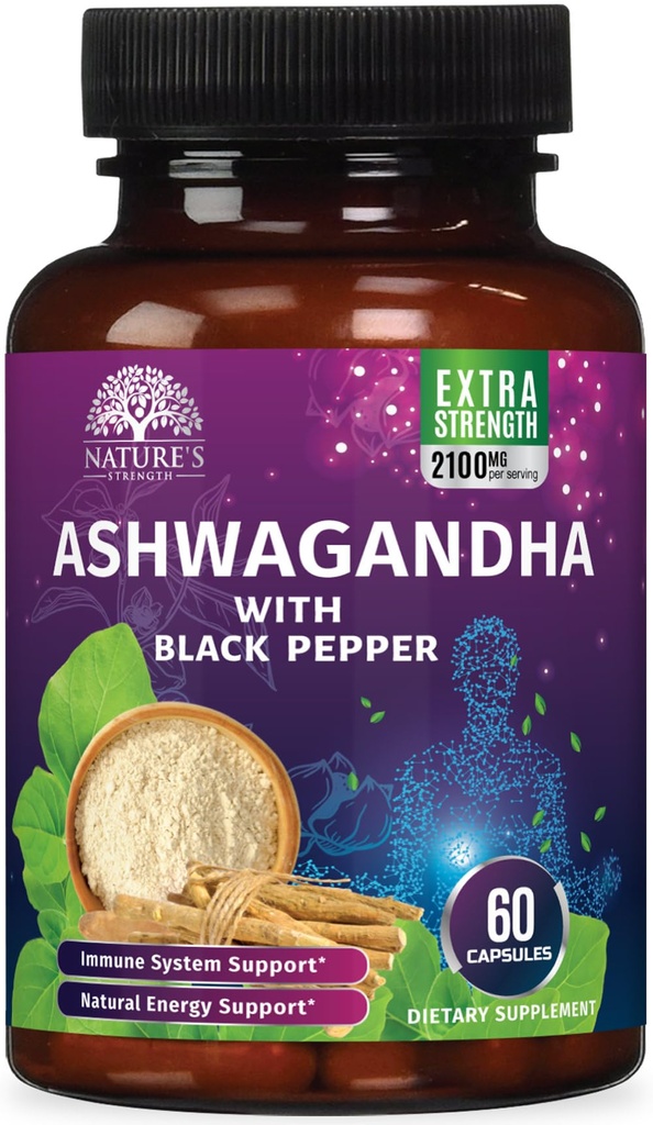 Ashwagandha Supplements 2100 mg - Ekstra Kuvvetli Ashwagandha Toz & Kök Üretimi Max Aborpsiyon için Siyah Pepper, Herbal Antioksi Supplements for Women & Men, Vegan, Non-GMO - 60 Capsules
