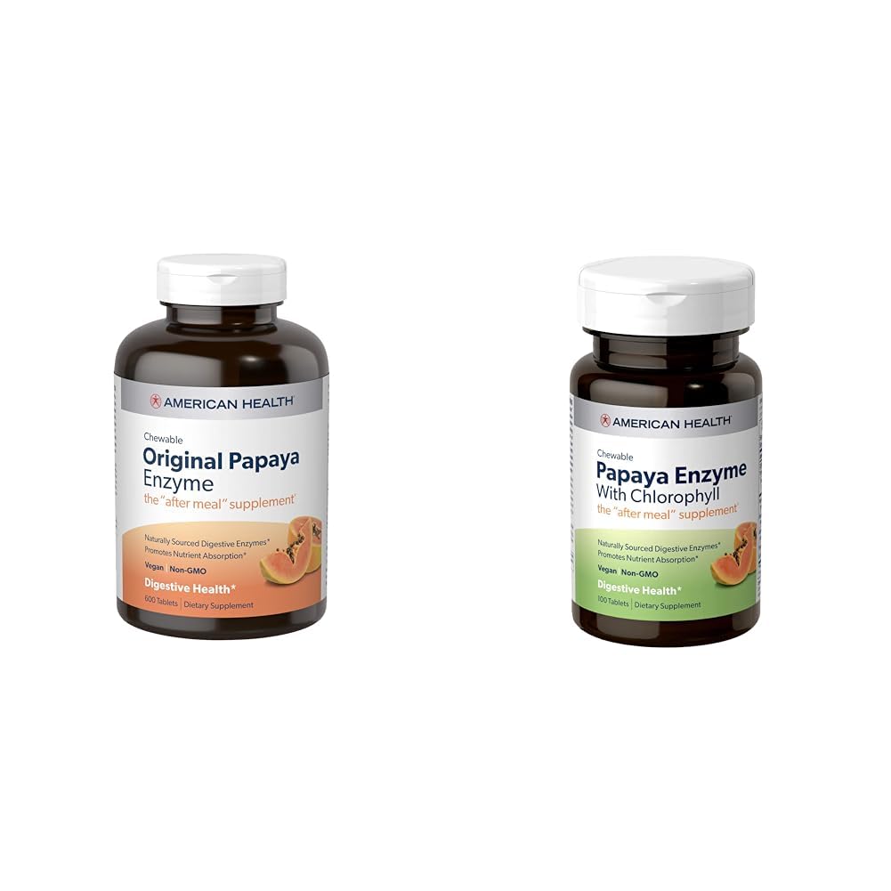 American Health Papaya Digestive Enzyme Chewable Tabletler Sche - Original 600 Count and with Chlorophyll 100 Count