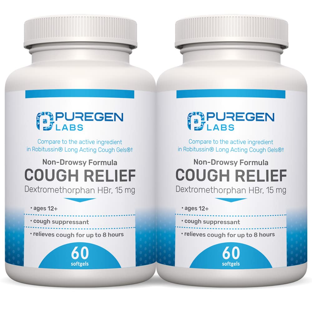 P Puregen Laboratuvarları Yetişkinler Dextromethorphan HBr 15mg (120 Softgels) 8 Saat, Non-Drowsy, Long-Lasting Bronchial Suppressant |Ages 12+ | Karşılaştırma Robafen ve Robitus