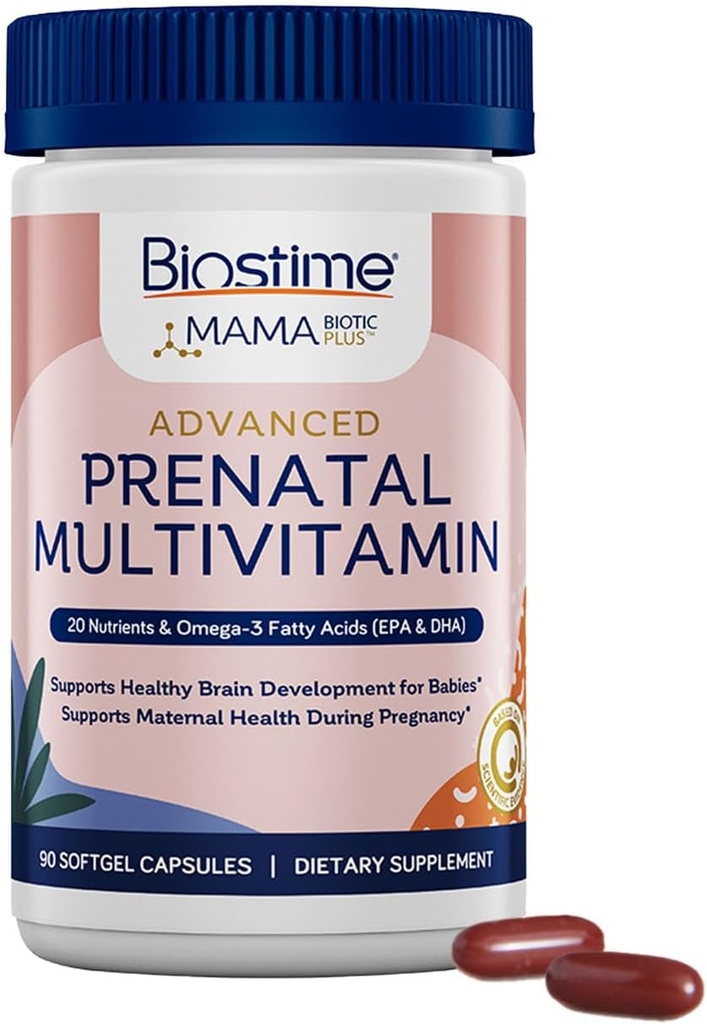 Biostime Advanced Prenatal Vitamins for Women | 20 Nutrients, Multivitamin, Folic Acid, Iron, Prebiyotik ve Omega 3 EPA & DHA Fatty Asits | Gegel Pills & Support Supplement | 90 Softgel Pills