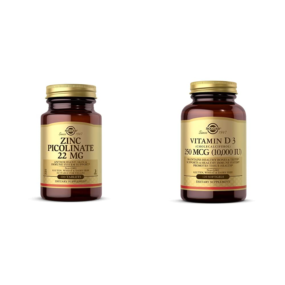 Solgar çinko Picolinate 22 mg, 100 Tablet - Sağlıklı Cilt - Destekler Immune System, Normal T Vitamin D3 (Cholecalciferol) 250 MCG (10.000 IU), 120 Softgels - Sağlıklı Kemikleri Korumaya Yardım
