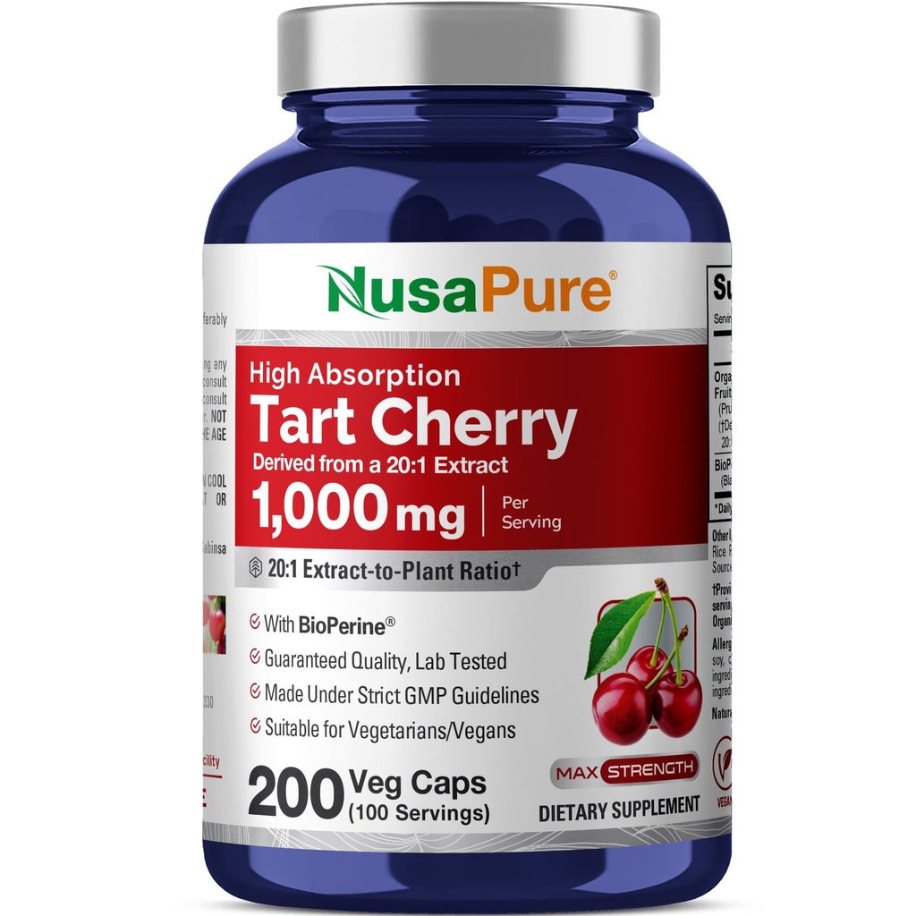 NusaPure Organik Tart Cherry 20:1 Ekstraksiyon, 1000 mg 20.000 mg 200 Veggie Caps (Vegan, Non-GMO) Bioperine