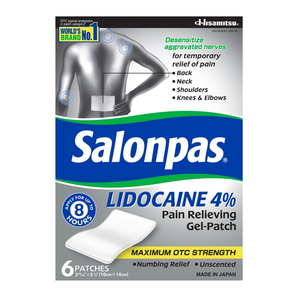 Salonpas Lidoka% 4 Pain Relieving Gel-Patch, 6 Kont, Arka, Boy, Omuz, omuz, Diz & Elbow Pain