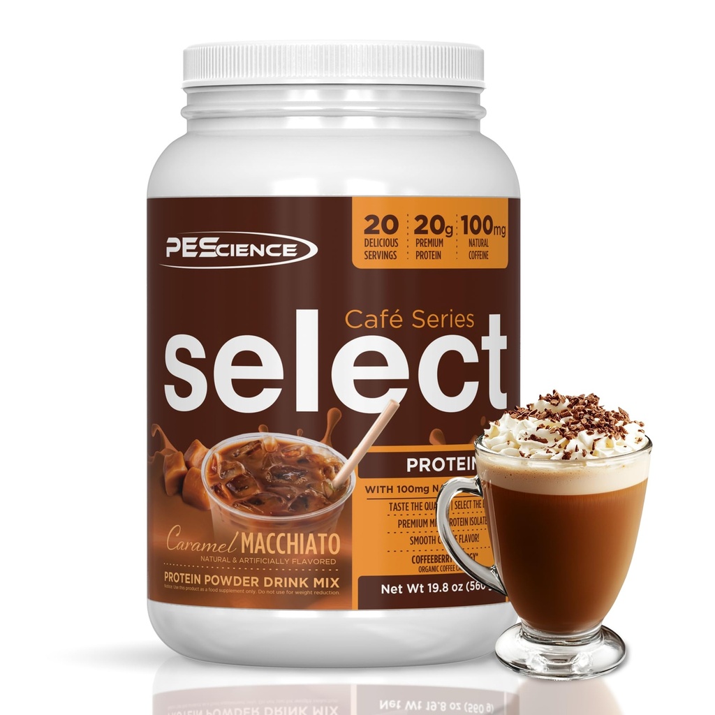 PE Science Select Cafe protein Coffee Flavored Toz, Caramel Macchiato, 100 mg Caffeine, 20g Buzlu Protein Kahve Tozu veya Kremer, 20 Hizmetler