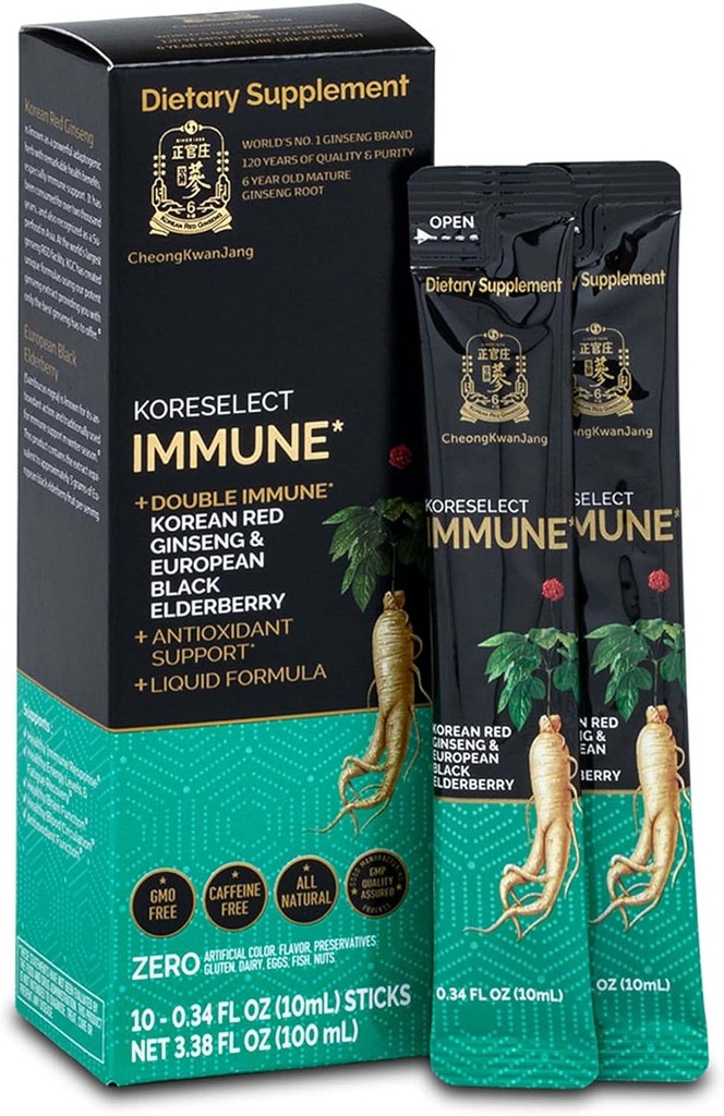 Immune, Korean Red Ginseng Extract with Elderberry Liquid Sticks, Immunity Support, Blood Circulation Booster, Natural Energy Supplement, 6 Year Old Asian Panax Ginseng, 10 Count