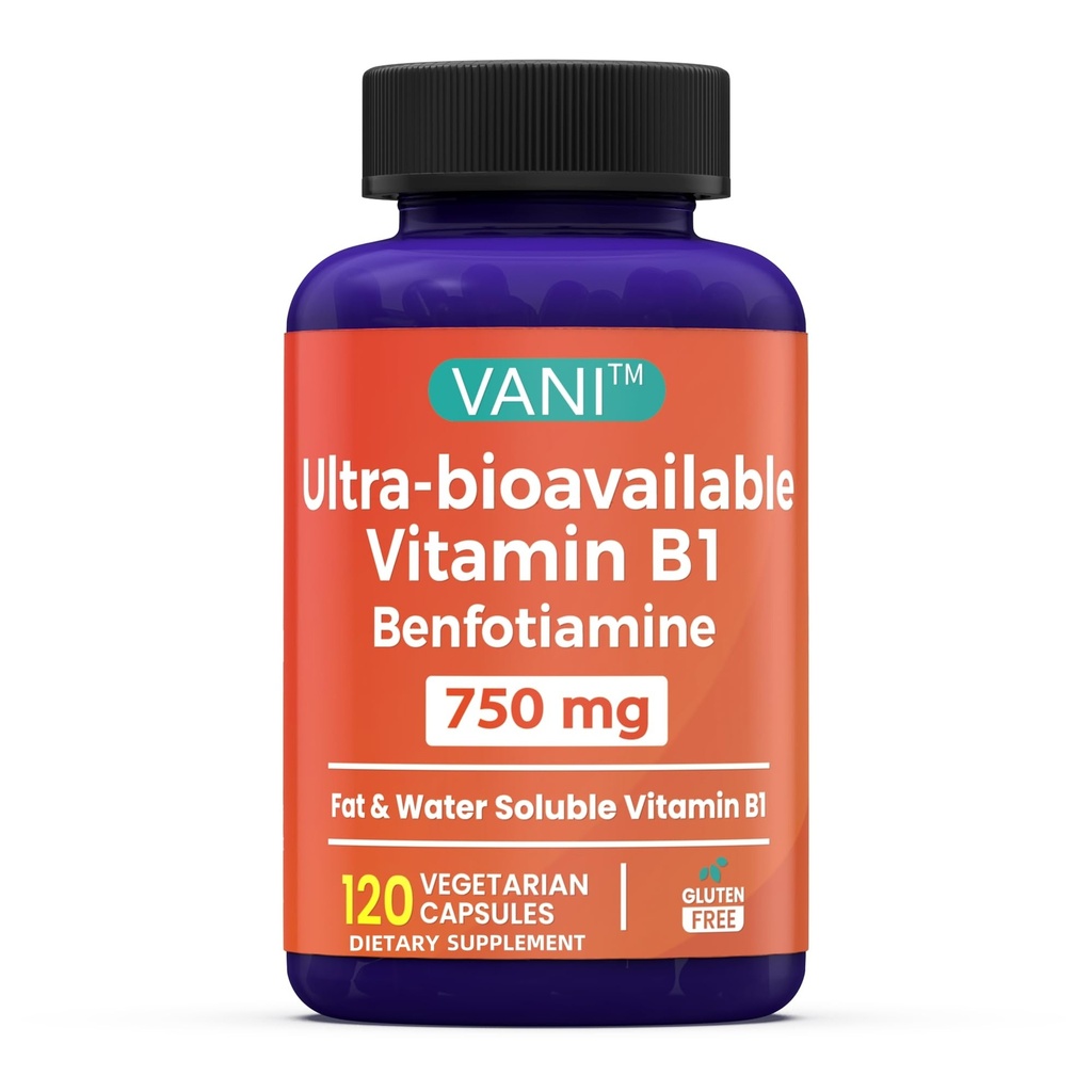 VANI Vitamin B1 750 mg Benfotiamine ile, 1 Geliştirilmiş Formula -Fat & Water ► Thiamine B1 Supplement | 120 Capsules | Gluten Free