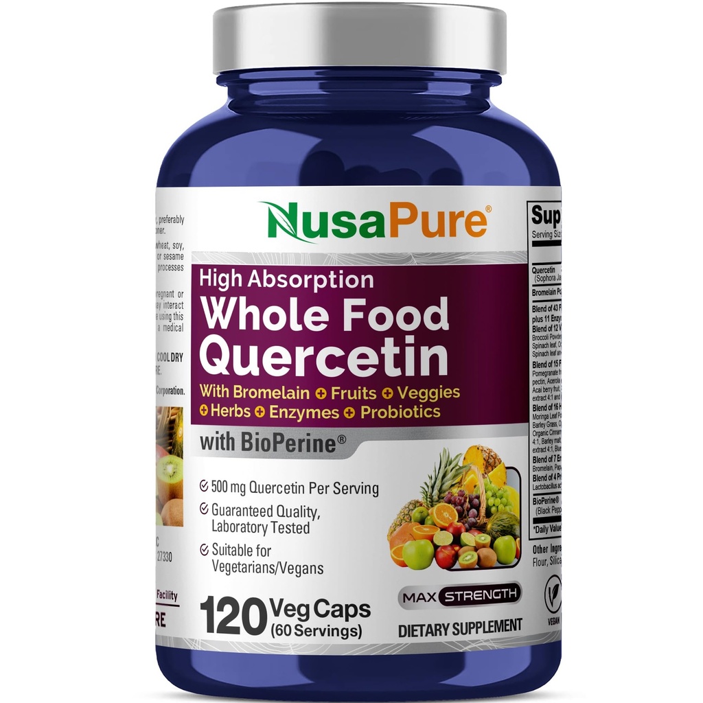 NusaPure Quercetin with Bromelain 500 mg |120 Veggie Caps | 43 Meyve Veggiej Herbs Enzyme Probiyotiki | Non-GMO, Vegan, Bioperine