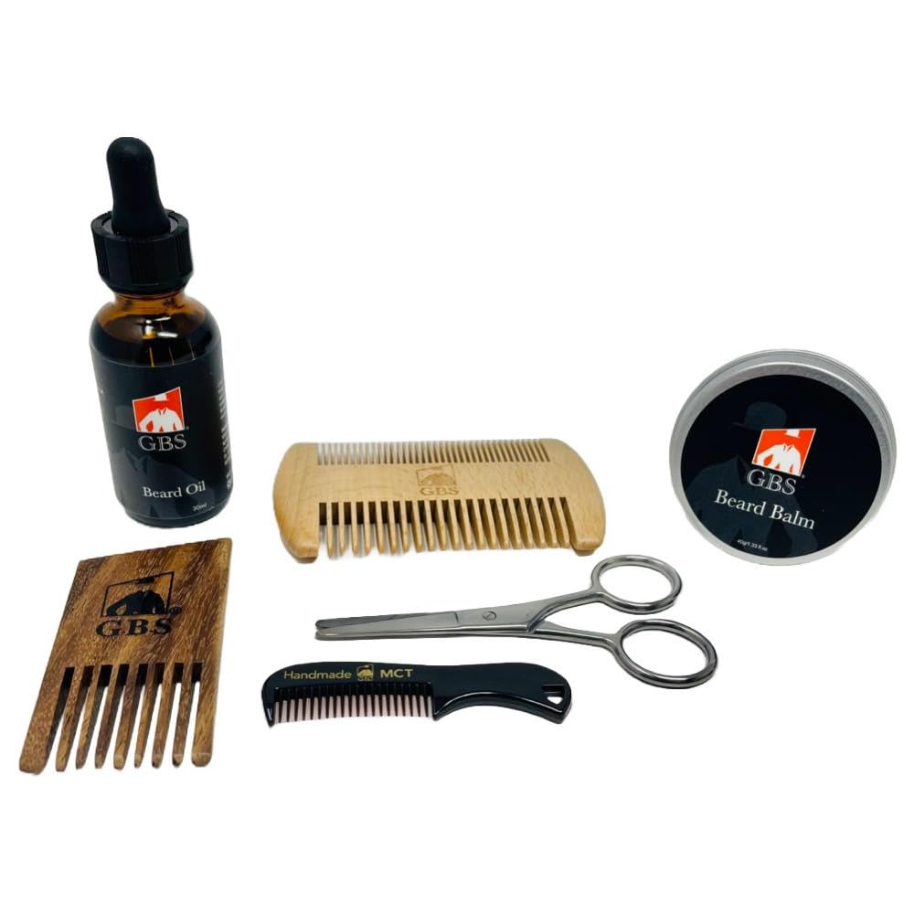 G.B.S Natural Beard Kit – Beard Oil with Jojoba, Beard Situationing Balm, 2 Sided Wood Beard Styling Comb, Pocket Mustache Comb, Beard and Mustache Trimming Scisorsors