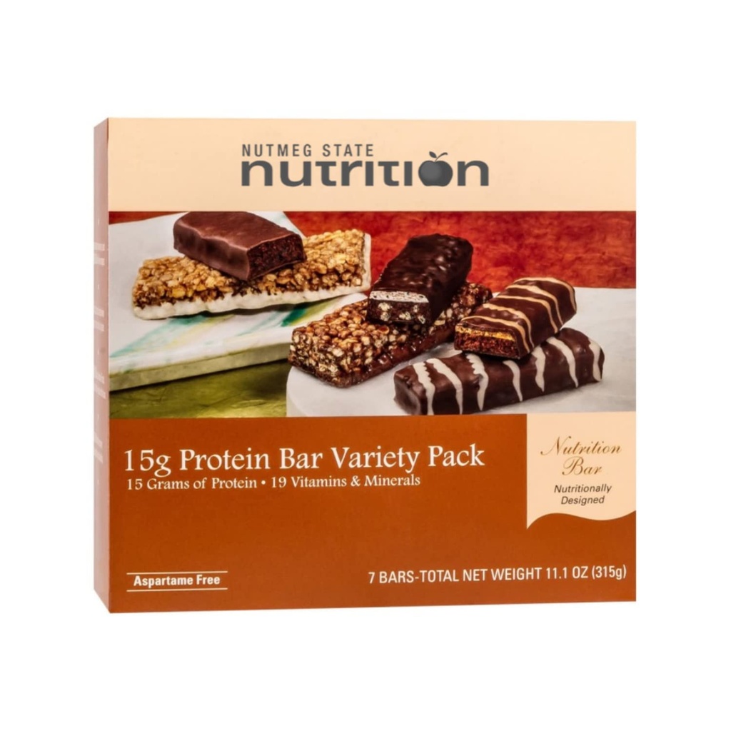Nutmeg State Beslenme Yüksek Protein Snack ve Meal Change Bar/Diet Bars - 15g Protein Bar Çeşitli Paketi (7ct) - Trans Fat Free, Aspartame Free, Kosher, High Fiber Fiber