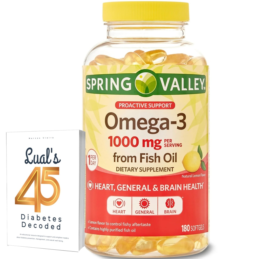 Spring Valley Omega-3 Fish Oil Soft Gels, 1000 mg, 180 Kont, Diyet Tamam, Omega-3 Fatty Acids Sche with Lual's 45 Diabetes Decoded