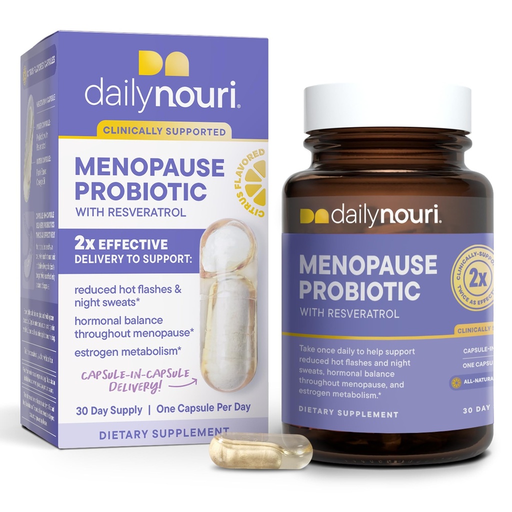 Daily Nouri Menopause Probiyotiks for Women | Hormonal Balance, Hot Flashes, Night Sweats & Gut Health | 3 Klinik olarak Studied Strains + Resveratrol & Omega | 30-Day Supply