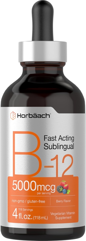 Horbaach B12 Vitamin 5000 mcg Sublingual | 4 Fl Oz | Mekobalamin ve Cyanocobalamin | Sıvı Vegetarian Drops | Berry Flavor | Non-GMO & Gluten Free Supplement