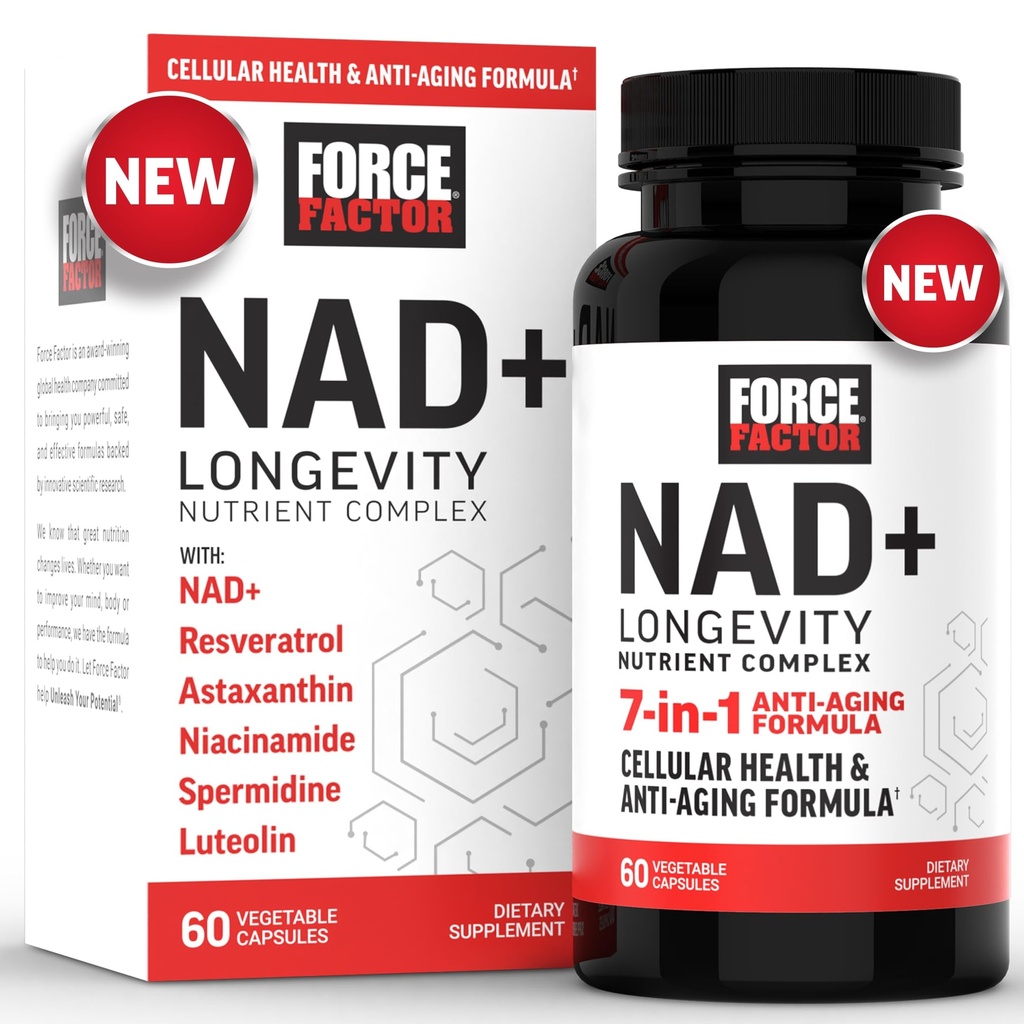 FORCE FACTOR NAD+ (NMN veya Nicotinamid Riboside Alternatif) Resveratrol, Astaxanthin, spermidine & Luteolin Kompleksi, NAD Hücreleri Desteklemek için, 60 Capsules Health & Health Aging, 60 Capsules