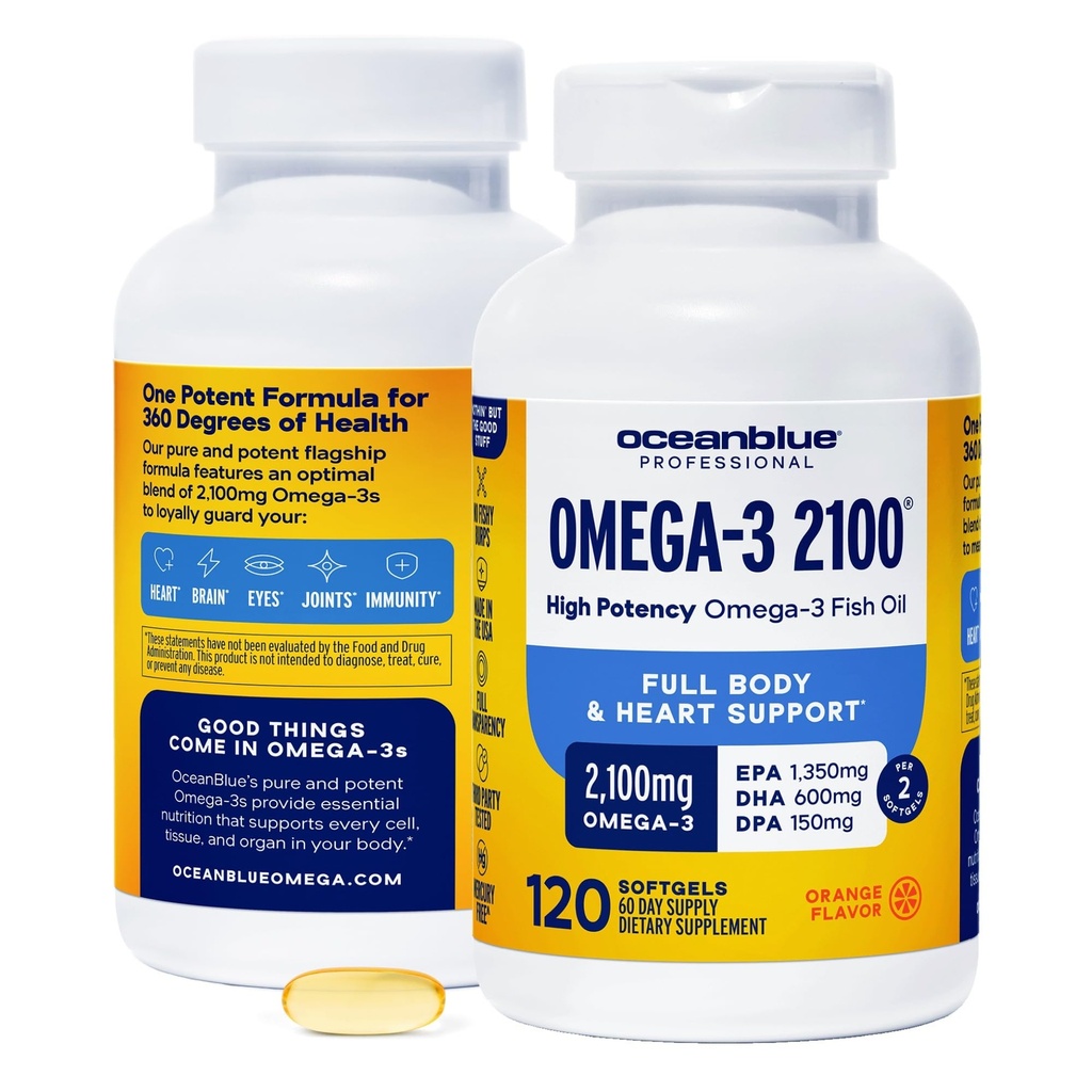 Oceanblue Professional 2100 mg | Triple Strength Omega 3 Fish Oil Supplement | Burpless | High Potency EPA DHA | Wild Caught - 120 Count (Pack of 2) Natural Orange Flavor