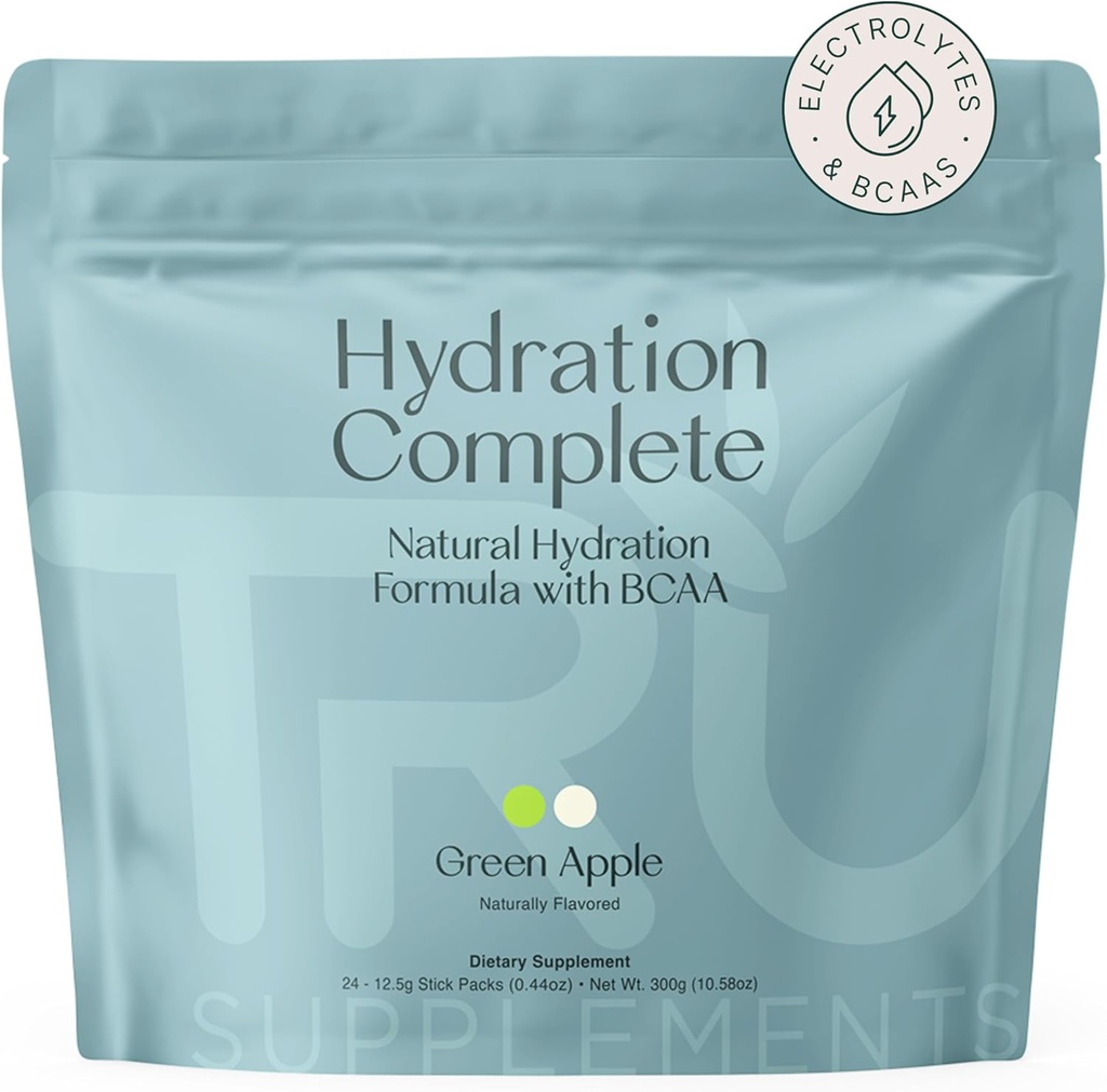 TRU Supplements Hydration Complete BCAA, Plant Based Platinum Acids + Pink Himalaya Salt, Electrolytes & L-Carnitine, Vegan, Zero Calories, No Yapay Tatlıcılar, 24 Hizmet, Yeşil Apple