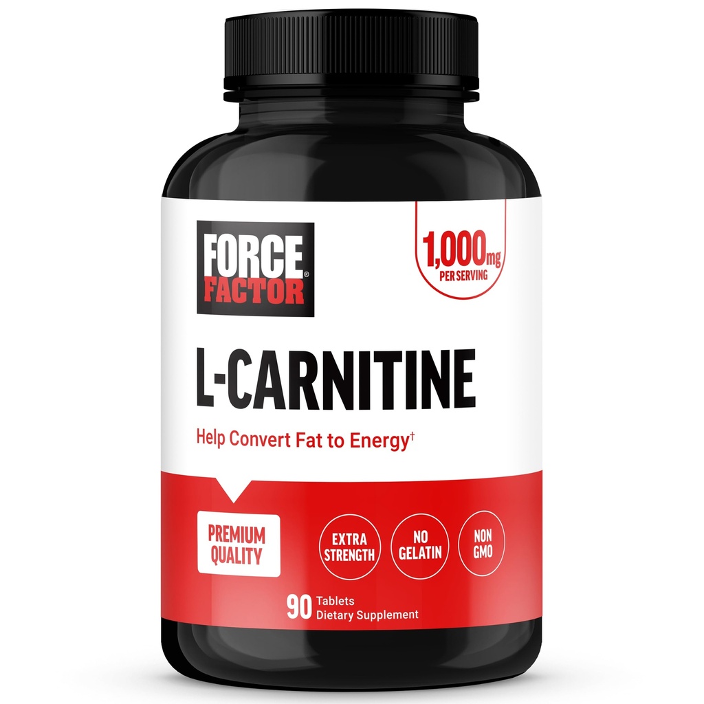 FORCE FACTOR L-Carnitine Supplement, L Carnitine Tartrate 1000 mg Capsules Enerjiye Dönüştürmek, Destek Kas Kurtarma ve Boost Egzersiz Performansı, Vegan, Non-GMO, 90 Tabletler