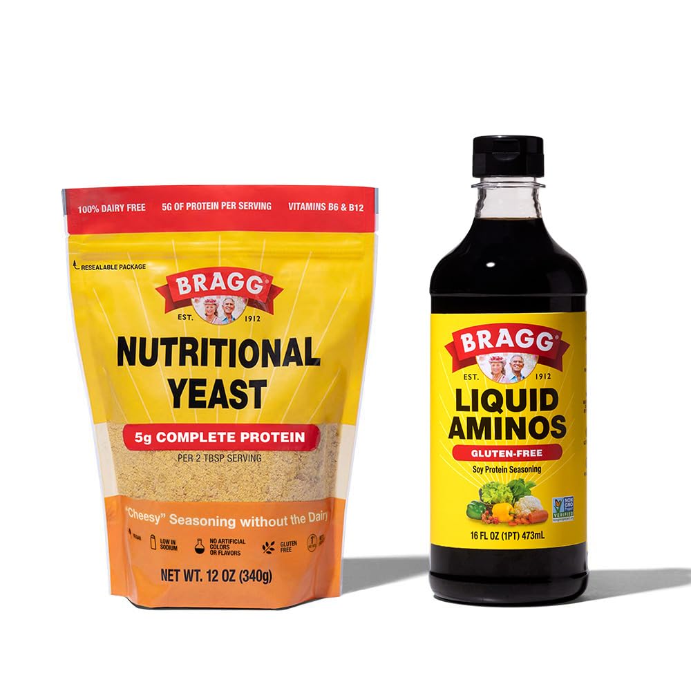 Bragg Premium 12 Ounce Nutritional Yeast Seasoning Pouch - Vegan, Gluten Free Cheese Flakes and Liquid Aminos All Purpose Seasoning – Soy Sauce Alternative 16 ounce