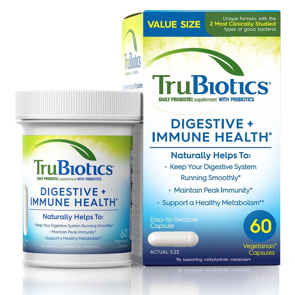 TruBiotics & Immune Health, Supports Regularity & Helps Relieve Abdominal Discomfort, Gas & Bloating, 2 Klinik olarak Studied Probiyotik Strains, Plus Prebiyotiks, 60 Capsules
