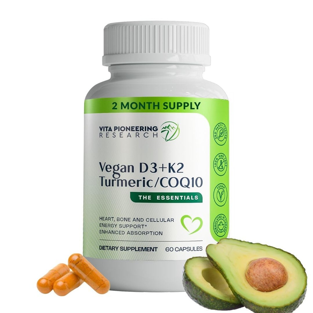 5-in-1 Vitamin D3 2000IU + K2Vital Vitamin K2 ile Turmeric ve COQ10 - Aokado Tozunu Geliştirmiş Aborpsiyon - Heart, Bone, Cellular Health Support