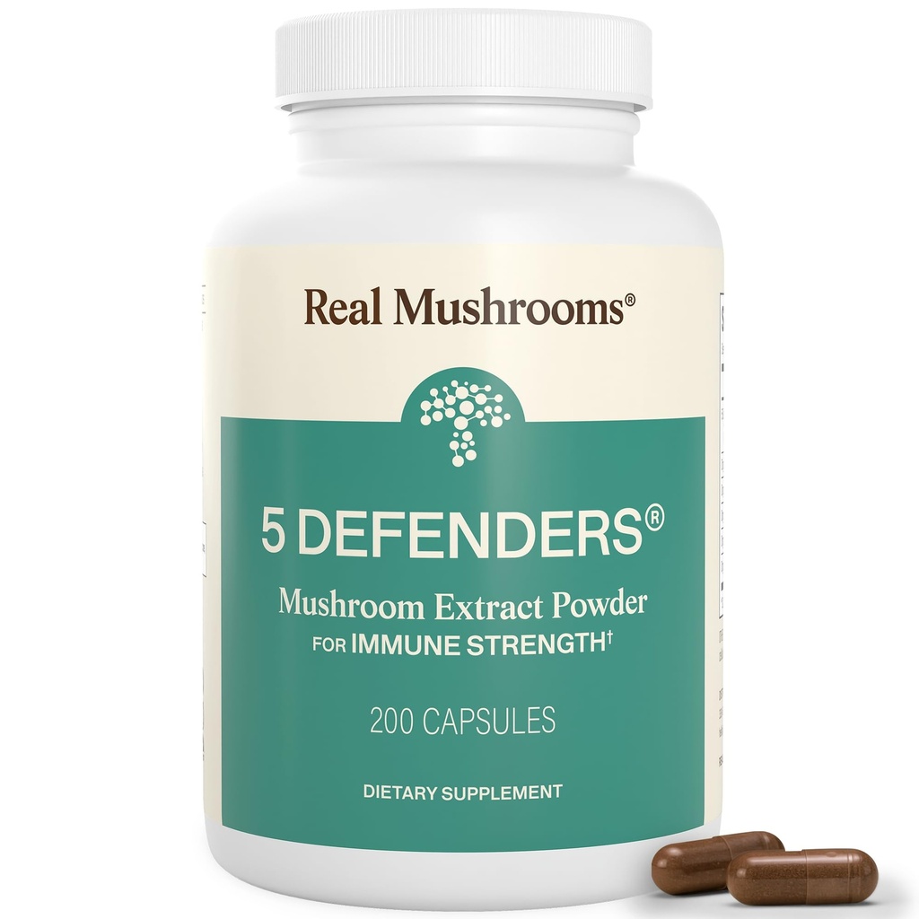 Real Mushrooms 5 Defenders Mushroom Kompleksi - Organik Adaptojenik Mushroom Mix with Chaga, Reishi, Türkiye Tail, Maitake & Shiitake for Wellness Support - Mushroom Beta Glucan Capsules - 200 Count