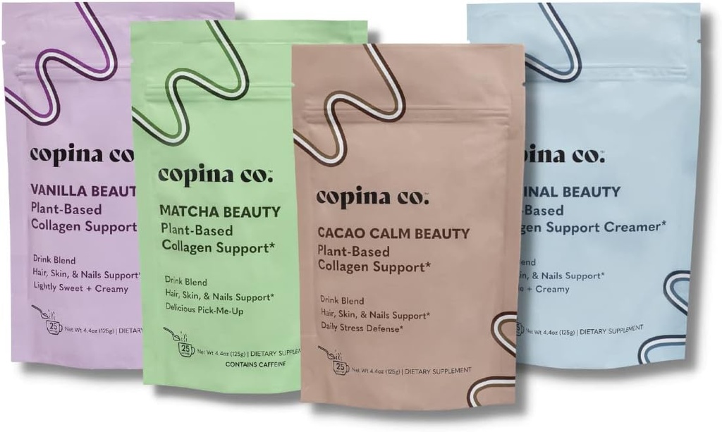 Copina Co. Vegan Collagen ATM Mix: Plantive Collagen Support Smoothie Drink Vegan Çeşitli Paket | 4 Flavors Matcha, Vanilla, Original ve Cacao Calm | 25 kişi başına hizmet eder