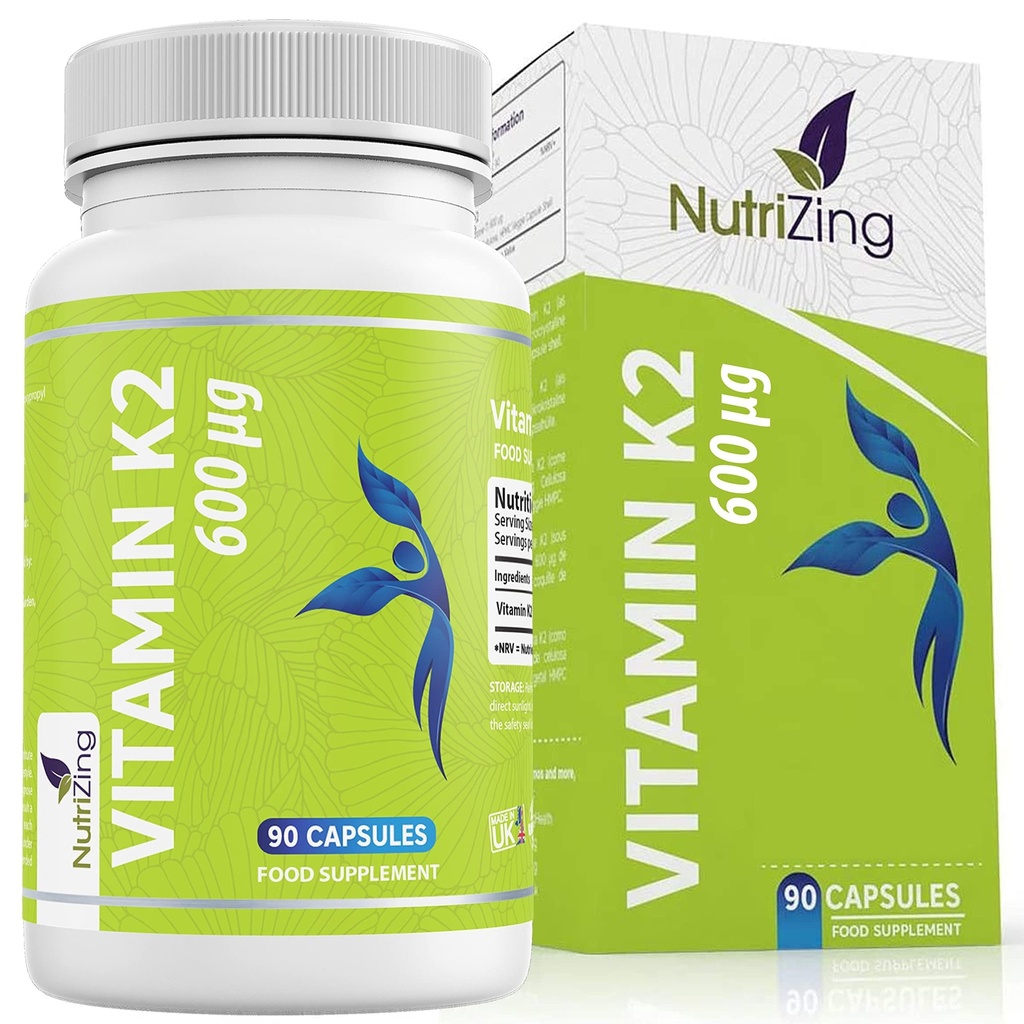 NutriZing K2 Vitamin Supplement MK-7 - High Strength 600mcg - Supports Bone & Arterial Health - 90 Vegan Capsules - Vitamin K2 for Men & Women - 3 Month Supply
