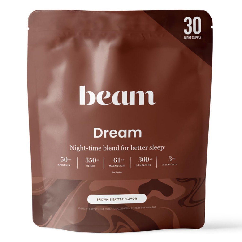Beam Dream Sleep Toz – Melatonin, Magnezyum, L-Theanine, Reishi Mushroom & Apigenin Sleep Supplement, Sleepy Cocoa Bedtime Drink Mix, Brownie Batter Flavor, 30 Servisler
