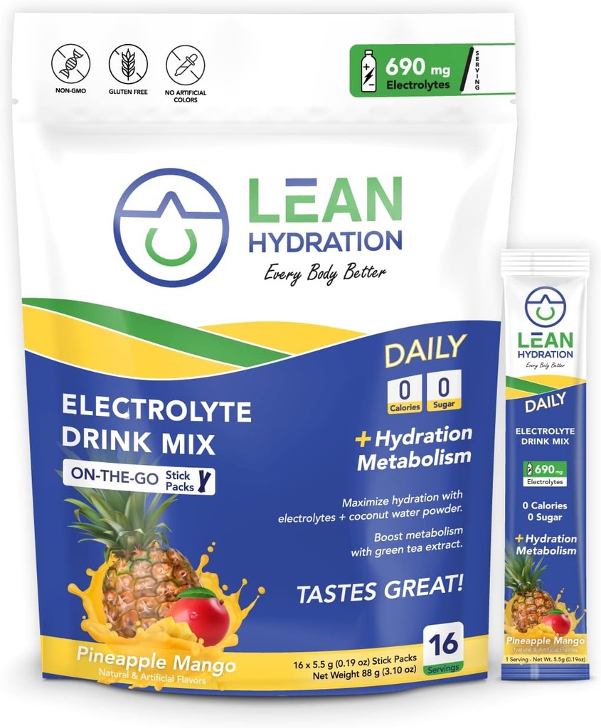 Lean Hydration Daily Electrolyte Packets Drink Mix | Zero Calories, Zero Sugar artı Vitamins, Minerals & More | 16 ct (Pineapple Mango)