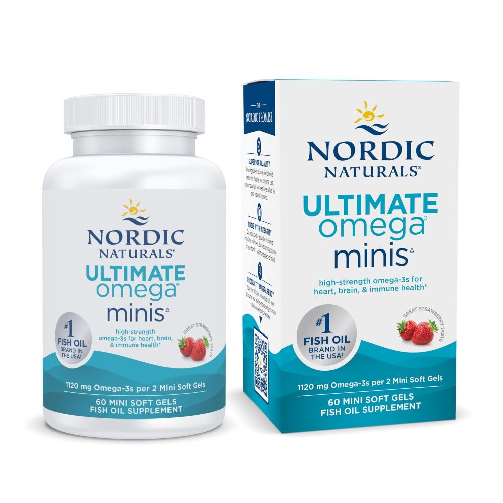 Kuzey Naturals Ultimate Omega Minis, Strawberry Flavor - 60 Minis Soft Gels - 1120 mg Omega-3 - Yüksek Lisans Balık Petrol Tamamı - EPA & DHA - Beyin ve Kalp Sağlığını Destekler - 30 Hizmetler
