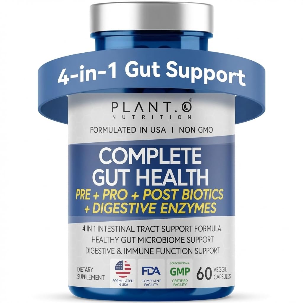 4-in-1 Gut Health Support – Prebiyotiks + Probiyotiks + Postbiyotiks + Digestive Enzymes – DE111 Spore Probiyotik for Digestive Support & Bloating – Non-GMO, Made in USA – 60 Veggie Capsules