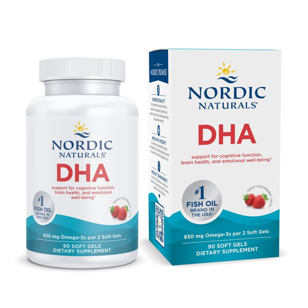 Nordic Naturals DHA, Strawberry - 90 Soft Gels - 830 mg Omega-3 - Beyin ve Nervous Sistem Desteği için Yüksek Düzey DHA Formula - Non-GMO - 45 Hizmet