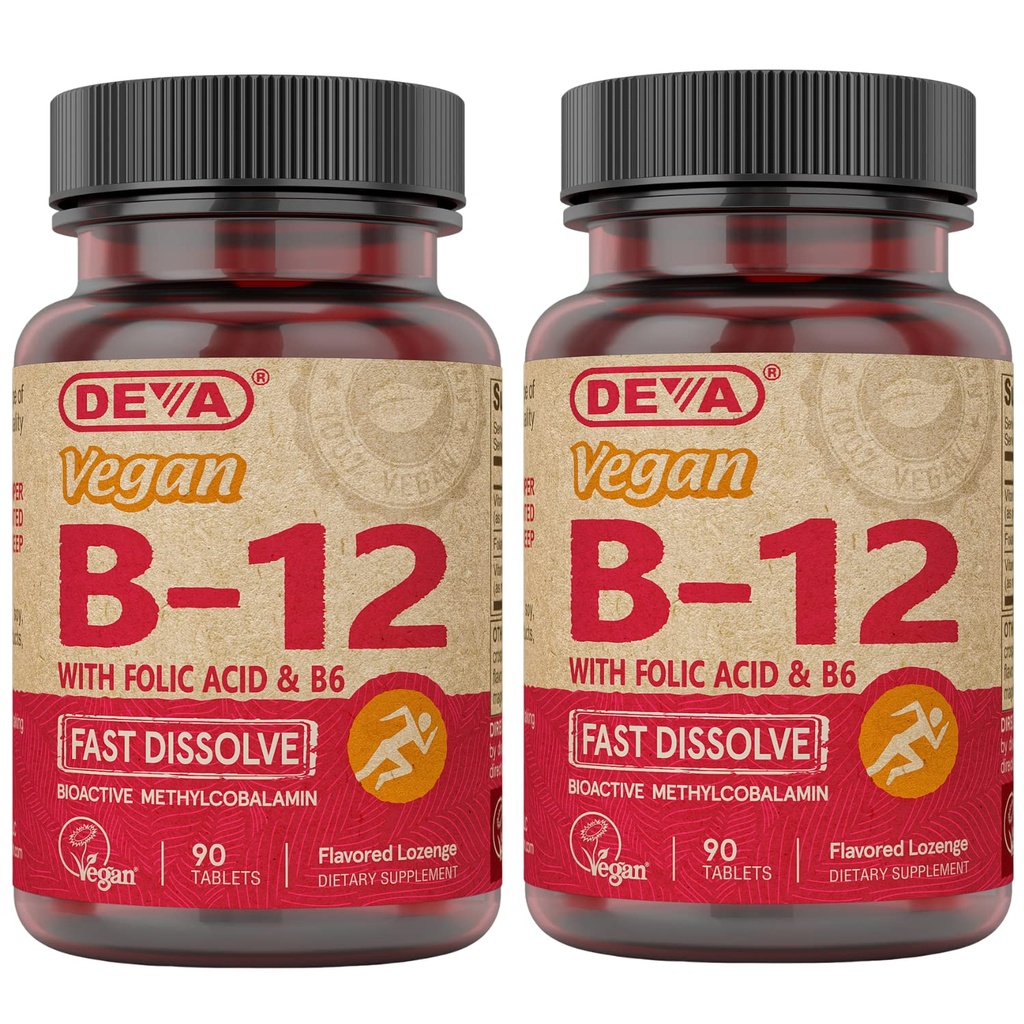 DEVA Vegan B12 Fast Dissolve Supplement - 1000 Mcg Torchcobalamin B12, Folic Acid, B6 - Lemon Flavor - 90 Dissolvable Tabletler, 2Pack