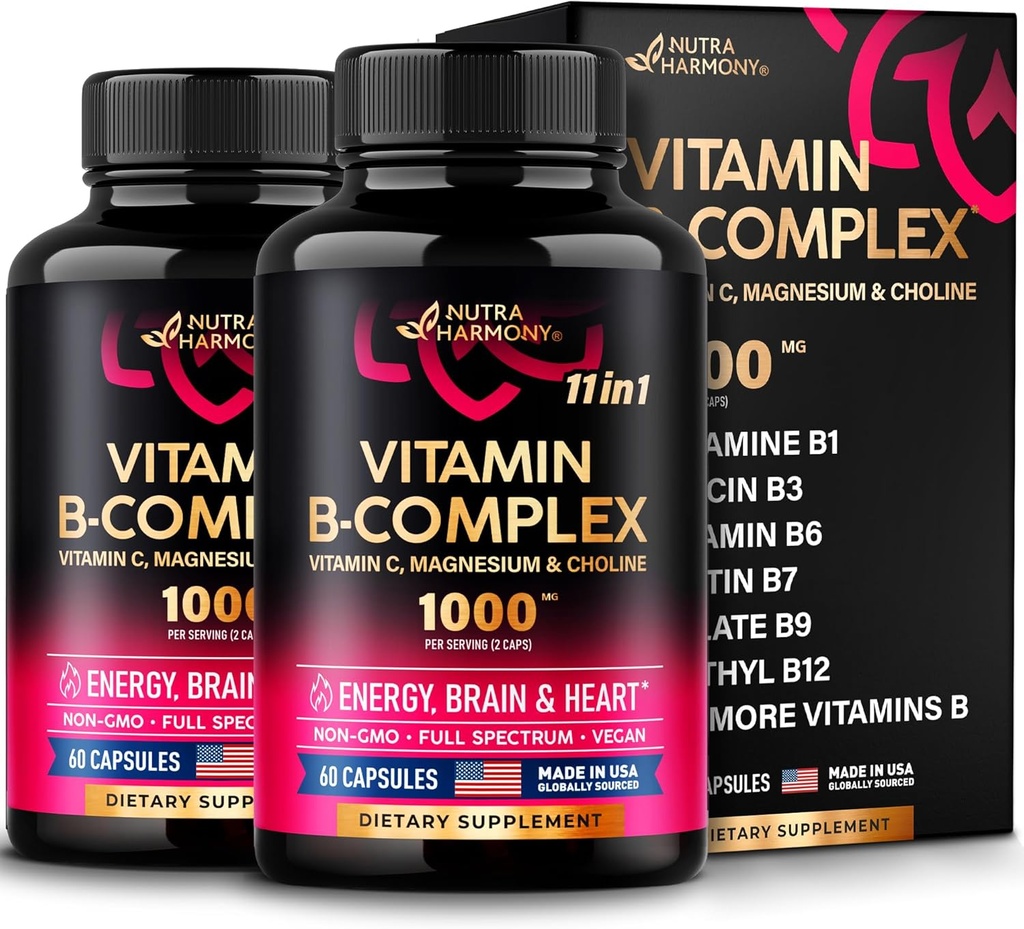 Erkekler ve Kadınlar için B Kompleksi - Amerika'da Yapıldı - 11-in-1 B-Complex: B1, B2, B3, B5, B6, B7, B8, B9, B12 Vitamin C, Choline, Inositol - Enerji, Beyin ve Kalp Desteği Tamamlandı - 2 Paket