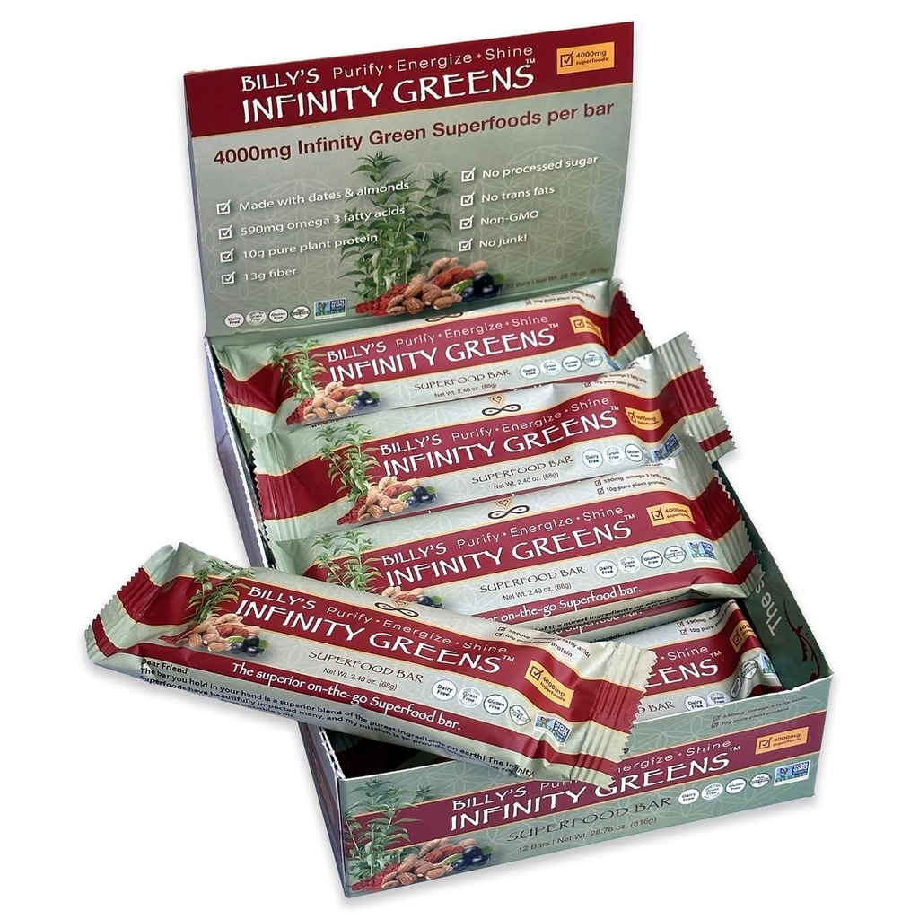 Infinity Greens Superfood Bars, Plant Based Meal Change Bar with 4000 mg Infinity Greens Superfood Toz, Organik, Raw, Gluten Free, Non GMO (12 Bars)