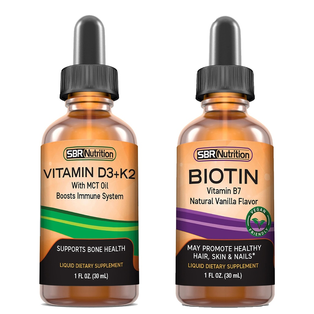 SBR Beslenme D3+K2 ve Biotin Sche Vitamin D3K2 (MK7) Sıvı Merdivenler, Peppermint, 1oz | Biotin 5000mcg Drops, Vanilla 2oz | Yetişkinler ve Çocuklar için | Gluten Ücretsiz