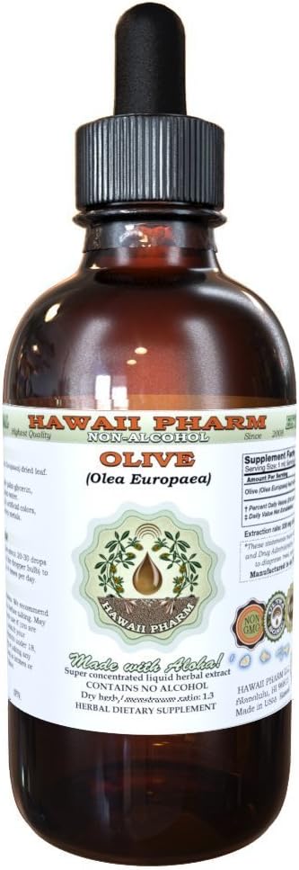 Zeytin Alkol Özgür Sıvısı, Organik Zeytin (Olea europaea) kuru Leaf Glycerite Natural Herbal Supplement, Hawaii Pharm, ABD 2 fl.oz