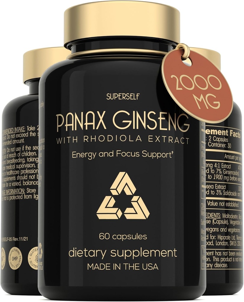 Panax BTC ve Rhodiola Rosea 2000mg - Kore BTC Yüksek Güç 60 Capsules - Erkekler ve Kadınlar için Herbal Supplement - Deri ve Enerji Kompleksi ile Enerji Kompleks% 7 Ginsenosides - ABD Madeized 7% Ginsenosides - US Made