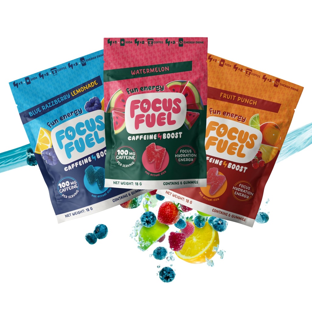 FocusFuel Enerji Chews – Farklı Örnek Paketi (9 Hizmet) – 100 mg Caffeine + Alfa GPC + L-Theanine + B12, Magnezyum – Blue Razzberry Lemonade, Watermelon, Meyveler - No Crash veya Jitters