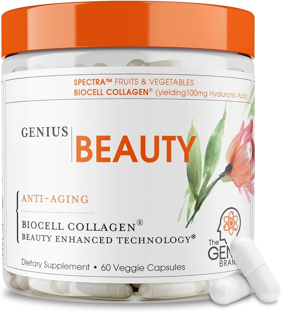 Genius Beauty, Hair Skin & Nails Vitamins, 60 Capsules - Anti-Aging Antioxidant Supplement, Hydrolyzed Collagen Pills, Glutathione & Astaxanthin - Detox Cleanse, Wrinkles, Hair Growth & Healthy Skin