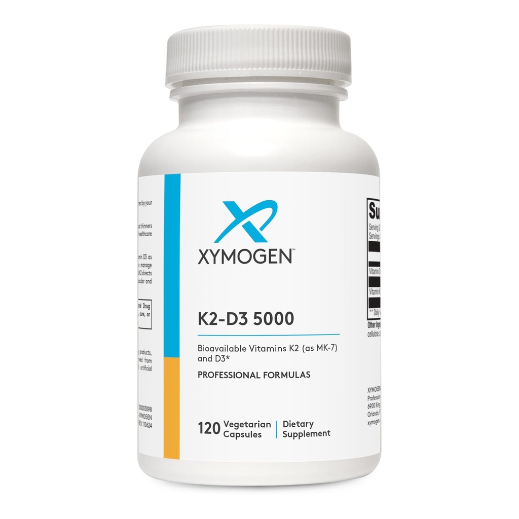 XYMOGEN K2-D3 5000 - Vitamin D3 K2 - Bio available Vitamin D 5000 IU (Cholecalciferol) MK-7 - Kalp, Arterial, Bone Health + Immune Support Supplement (120 Capsules)