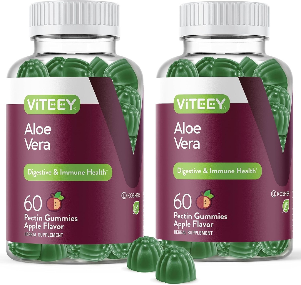 Viteey Aloe Vera Gummies for Adults - 50mg - Aids in Digestion and Immune Health - Aloe Vera Supplement - Vegan, Gelatin Free, Gluten Free, GMO Free, Tasty Chewable Raspberry Flavored Gummy