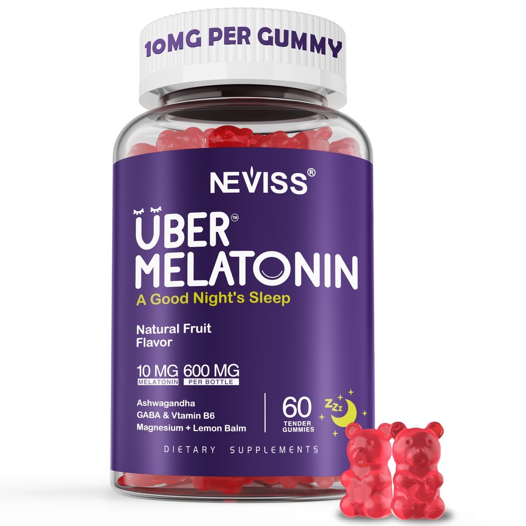 Melatonin Gummies 10 mg 20mg for Yetişkinler, Melatonin 10 mg per Gummy with Ashwagandha, Magnezyum Glycinate, GABA, L-theanine, Valerian Root and Lemon Balm, Rest Support Supplement, Grape Flavor, 60 Cts