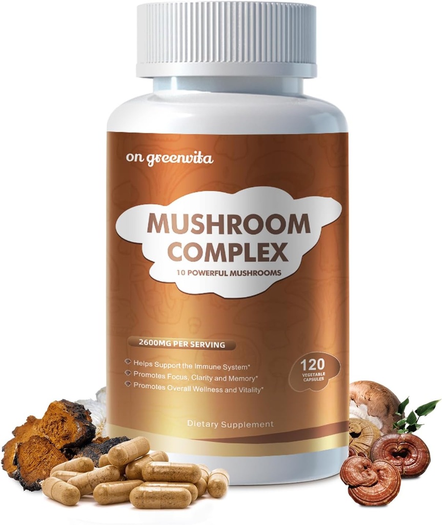 Mushroom Kompleksi Tamam 2600 mg, 120 Capsules - 10 Mushrooms - Reishi, Lions Mane, Cordyceps, Chaga, Türkiye Tail, Maitake, Shiitake, Oyster Nootropic Kompleksi - Beyin, Enerji, Focus Pills