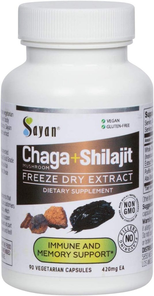 Sayan Sibirya Chaga Mushroom Extract with Shilajit 90 Capsules/420mg ea.- Immune and Digestion System Support – Fulvic Acid Supplement – Energy & Clarity – Exclusive Meeting – No Fillers