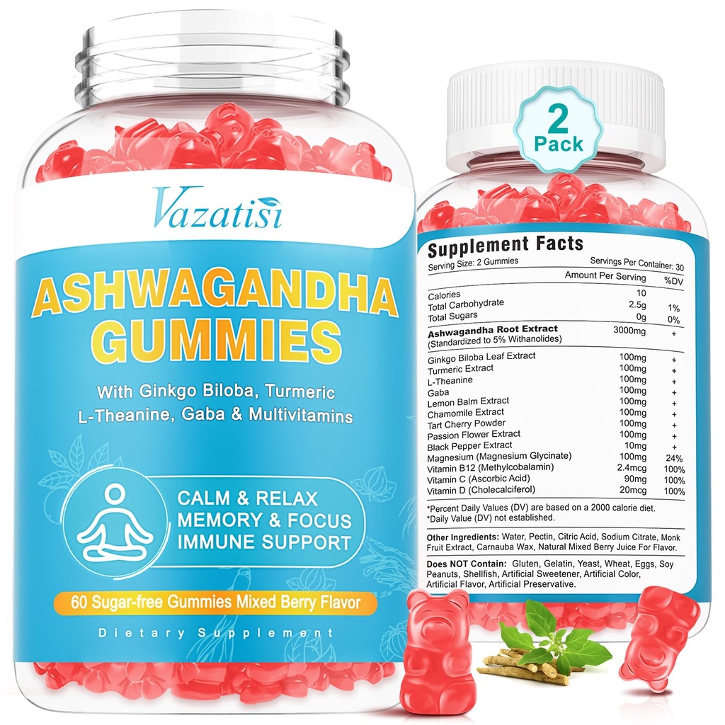 2 Pack Ashwagandha Gummies with Turmeric GABA Mood Energy and Immune Support, Karma Berry Flavor 120 Cts