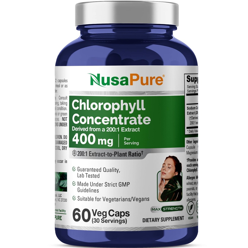 NusaPure Chlorophyll 200:1 Ekstraksiyon, 400 mg 80.000 mg 60 Veggie Caps (Equivalent 80000 mg, Non-GMO, Vegan)