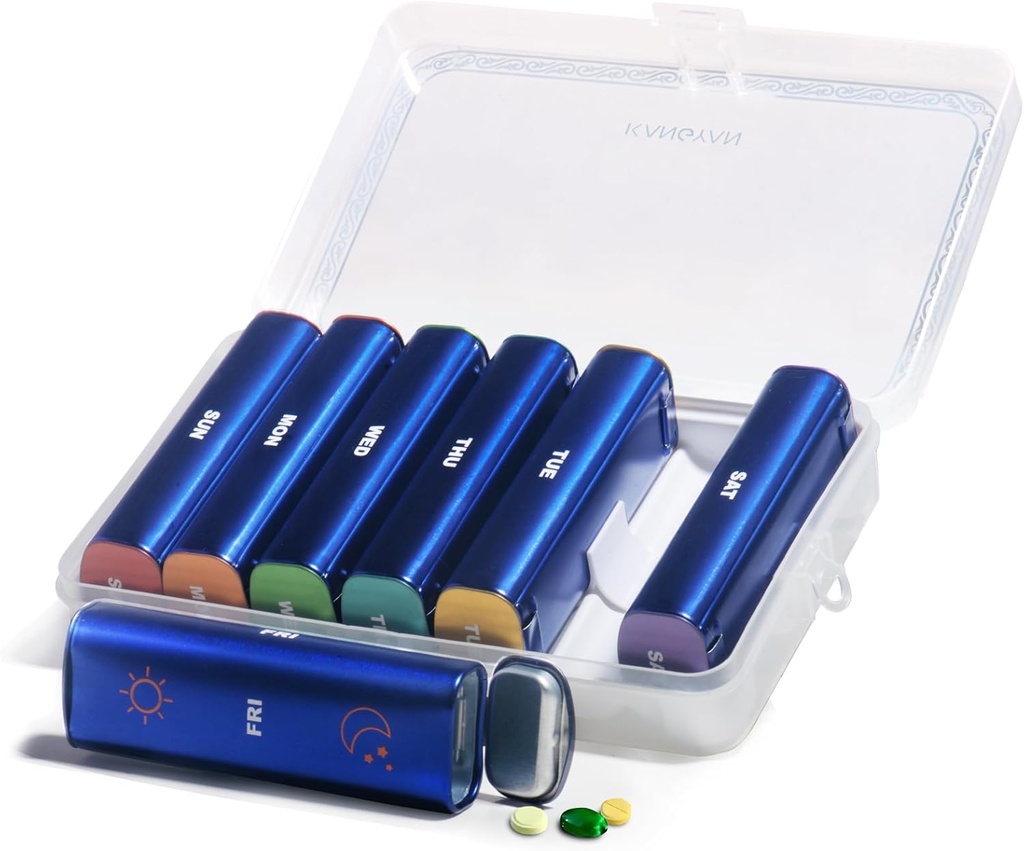 Metal Weekly Pill Organizer 2 Times a Day, Aluminium Alloy Portable Travel Pill Box 7 Day, AM PM Twice Daily Pill Case for Vitamin, Medicine, Supplement, Fish Oil
