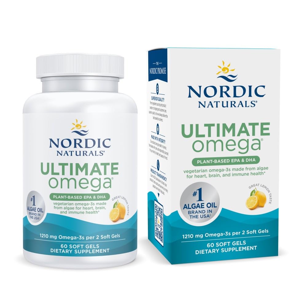 Nor Naturals Plant Based Ultimate Omega, Lemon Flavor - 60 Vejetaryen Soft Gels - 1210 mg Omega-3 - Vegan EPA ve DHA - Tamam Algae - Brain & Heart Support - Non-GMO - 30 Hizmetler