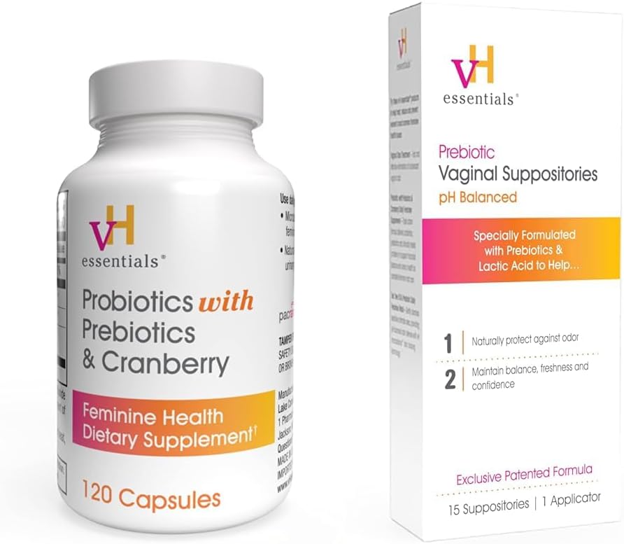 vH esass Probiyotiks with Prebiyotiks and Cranberry Feminine Health Supplement - 120 Capsules (544-36) & Prebiyotik PH Balanced Vaginal SupporiesBox, Original Version, 15 Count